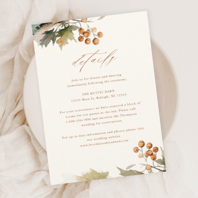 Carte D'accompagnement Rustic Fall Greenery Feuille Foliage Mariage Détai (A Rustic Wedding Details Enclosure Card with Elegant Watercolor Autumn Greenery Leaves and Foliage.)