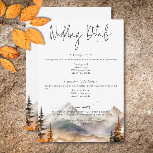 Carte D'accompagnement Rustic Fall Mountain Détails de l'aquarelle (Rustic Fall Mountain Scene Watercolor Details Enclosure Card)