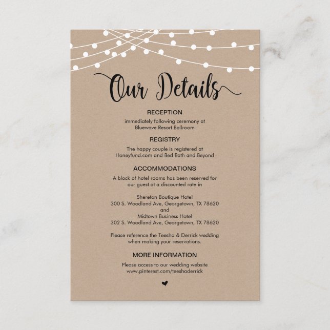 Carte D'accompagnement Rustic Farm String Lights design, détails Mariages (Devant)