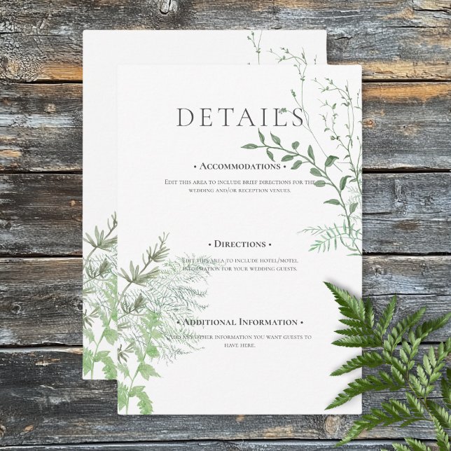 Carte D'accompagnement Rustic Fern Green Foliage White Détails du Mariage (Rustic Fern Green Foliage White Wedding Details Enclosure Card)