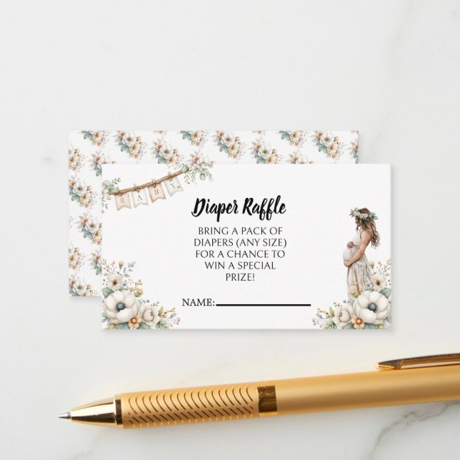 Carte D'accompagnement Rustic Floral Baby Shower Diaper Raffle   (Devant/Arrière en situation)