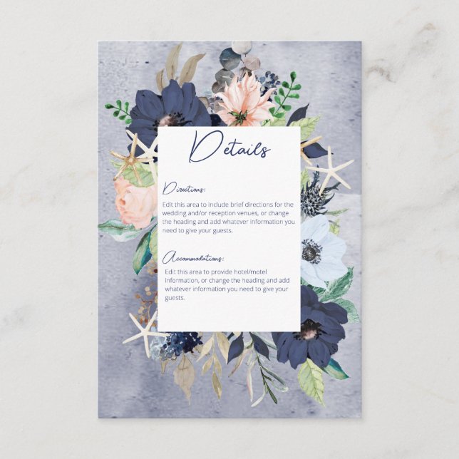 Carte D'accompagnement Rustic Floral Beach Mariage nautique Détails (Devant)