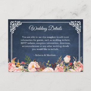 Carte D'accompagnement Rustic Floral Blue Chalkboard Détails du Mariage