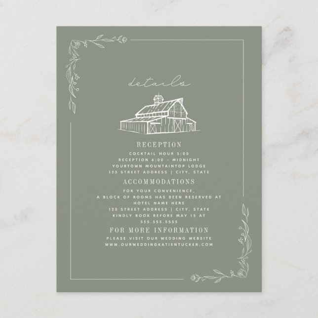 Carte D'accompagnement Rustic Grange Sage Green Détails du Mariage de aut (Devant)