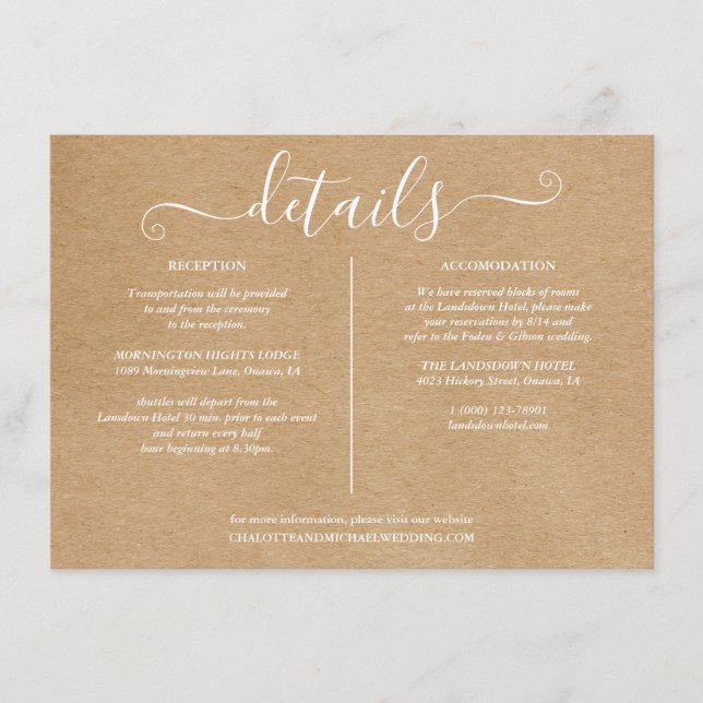 Carte D'accompagnement Rustic Kraft Signature Détails du Mariage Informat (Devant)