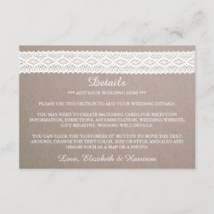 Carte D'accompagnement Rustic Kraft & Vintage White Lace Mariage détails