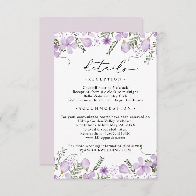 Carte D'accompagnement Rustic Lavender Floral Détails Mariage (Devant / Derrière)