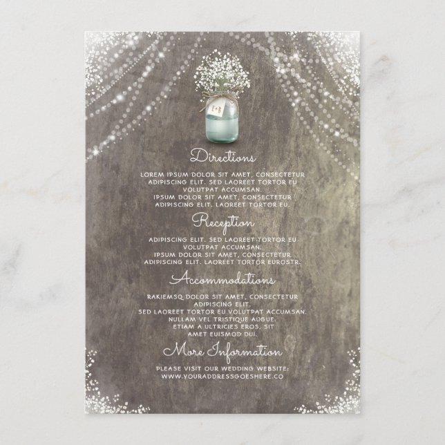 Carte D'accompagnement Rustic Mason Jar Baby's Breath Détails du Mariage (Devant)