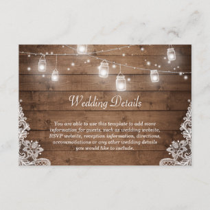 Carte D'accompagnement Rustic Mason Jar Lights Lace Mariage Détails Info