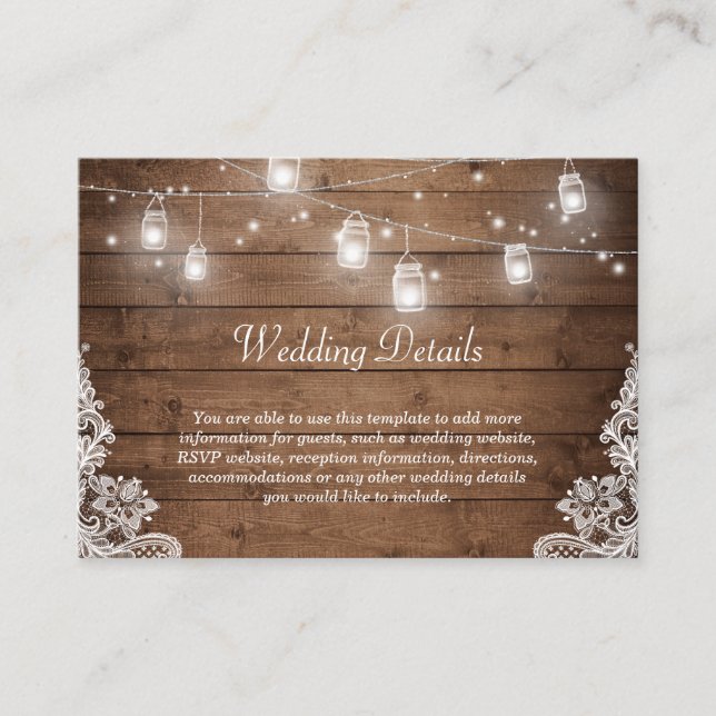 Carte D'accompagnement Rustic Mason Jar Lights Lace Mariage Info Détails (Devant)