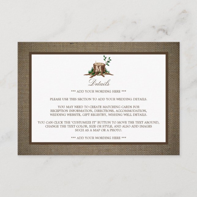 Carte D'accompagnement Rustic Monogram Tree & Burlap Mariage Détails (Devant)