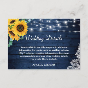 Carte D'accompagnement Rustic Navy Blue Sunflowers Détails du Mariage