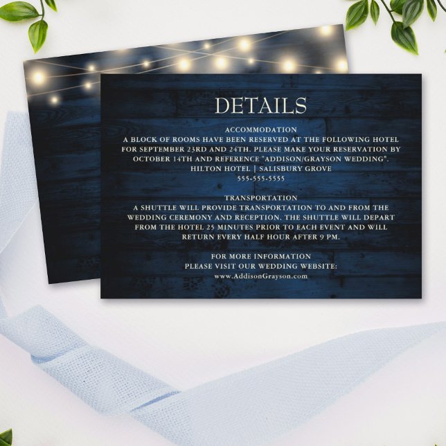 Carte D'accompagnement Rustic Navy Bois Chaîne Lumières Mariage Détail (Créateur téléchargé)