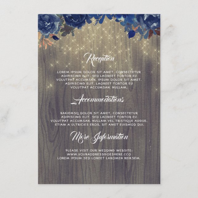Carte D'accompagnement Rustic Navy Floral Mariage Information Invité (Devant)