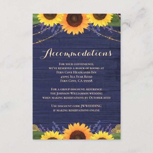 Carte D'accompagnement Rustic Navy Mariage de tournesol de bois (Devant)