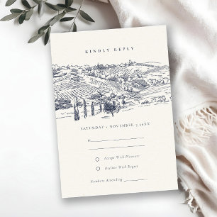 Carte D'accompagnement Rustic Navy Winery Mountain Sketch Wedding RSVP