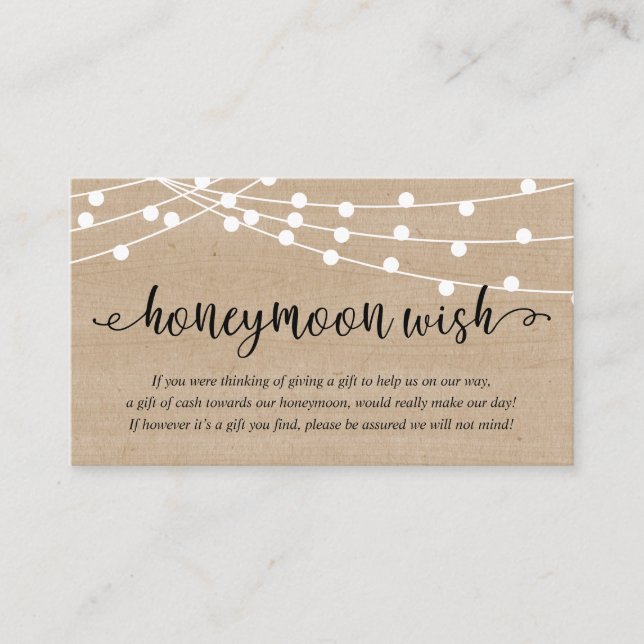 Carte D'accompagnement Rustic Party String Lights, Wedding Honeymoon Wish (Devant)