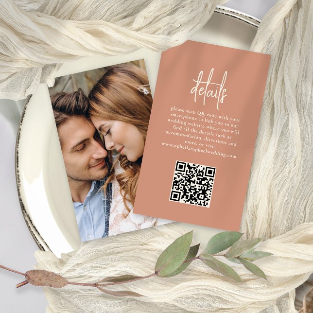 Carte D'accompagnement Rustic QR Code Terracotta Détails du Mariage photo (Front and Back View)