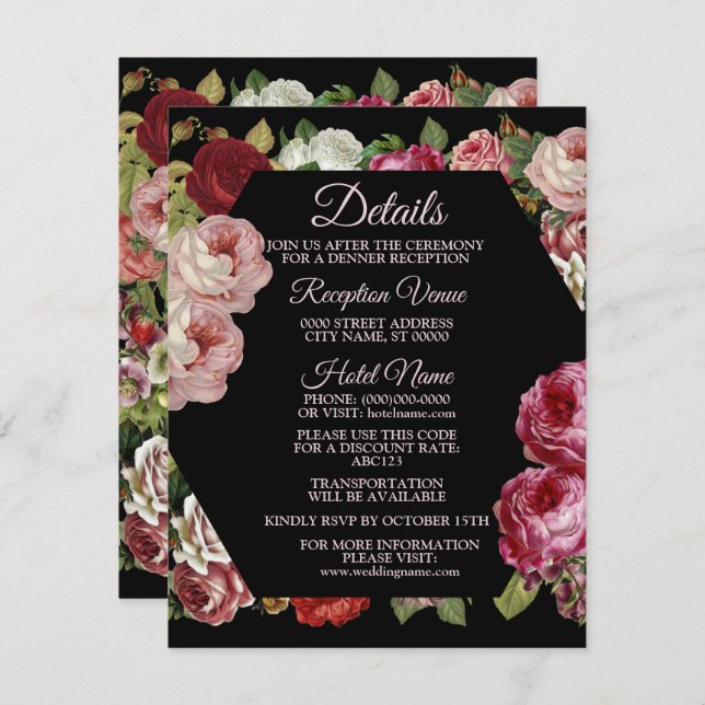 Carte D'accompagnement Rustic Red Pink Floral Greenery Black Detail (Devant / Derrière)