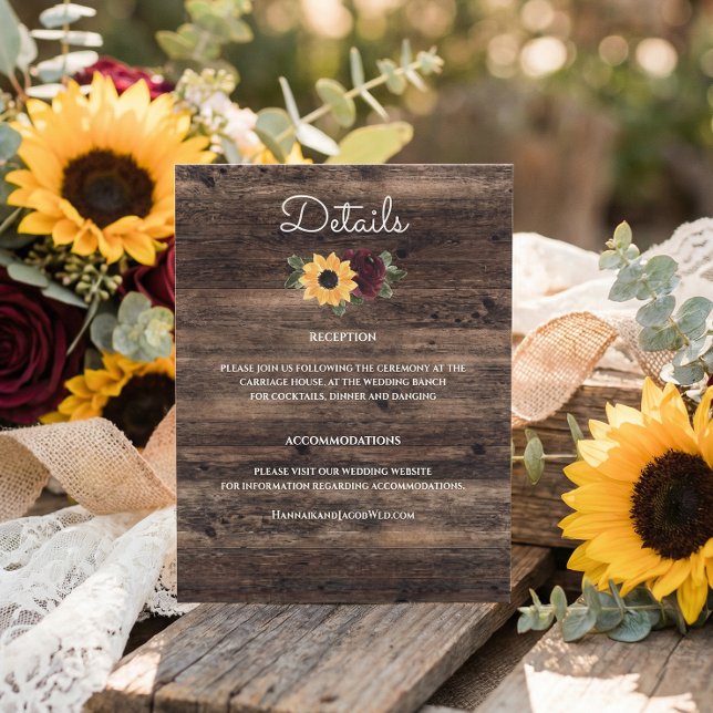 Carte D'accompagnement Rustic Sunflower and Roses Wedding Details (Créateur téléchargé)