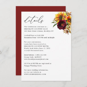 Carte D'accompagnement Rustic Sunflower Automne Bourgogne Détails Mariage