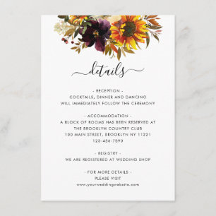Carte D'accompagnement Rustic Sunflower Bourgogne Détails du Mariage Flor