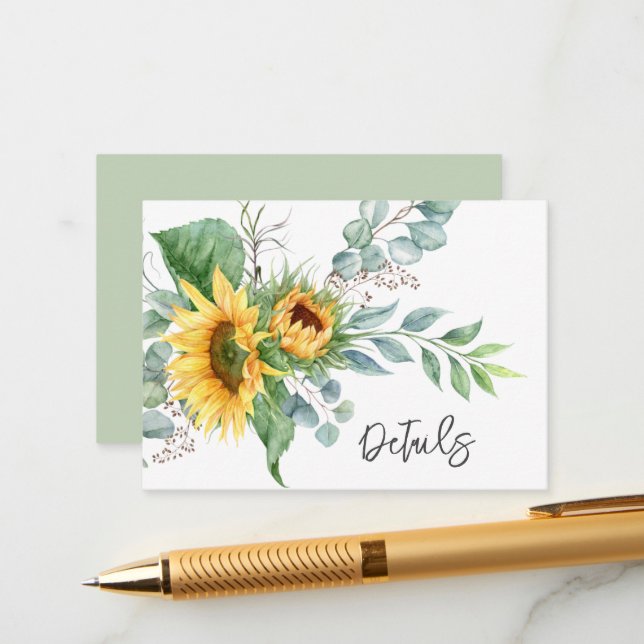 Carte D'accompagnement Rustic Sunflower Eucalyptus Détails Mariage (Devant/Arrière en situation)