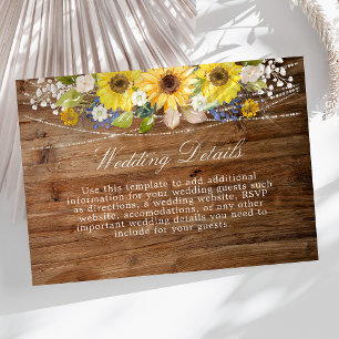 Carte D'accompagnement Rustic Sunflower String Lumière Détails du Mariage