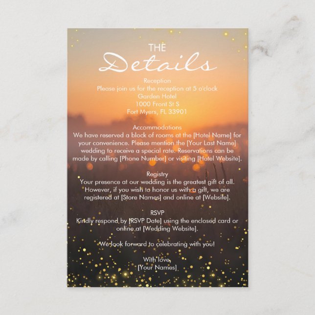 Carte D'accompagnement Rustic Sunset Nature Fireflies Wedding Details (Devant)