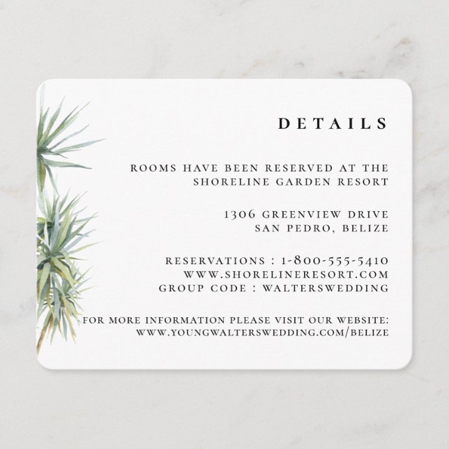 Carte D'accompagnement Rustic Tropical Palm Tree Détails du Mariage (Devant)