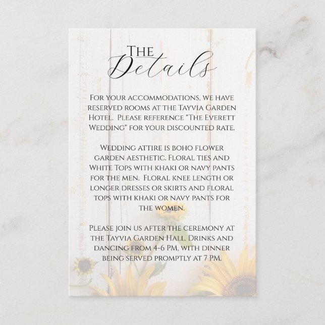 Carte D'accompagnement Rustic White Grange Wood Sunflower Détails Mariage (Devant)