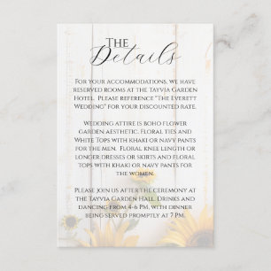Carte D'accompagnement Rustic White Grange Wood Sunflower Détails Mariage