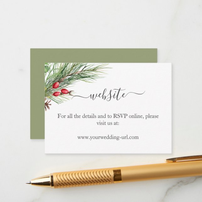 Carte D'accompagnement Rustic Winter Berry Pine Mariage de verdure (Devant/Arrière en situation)