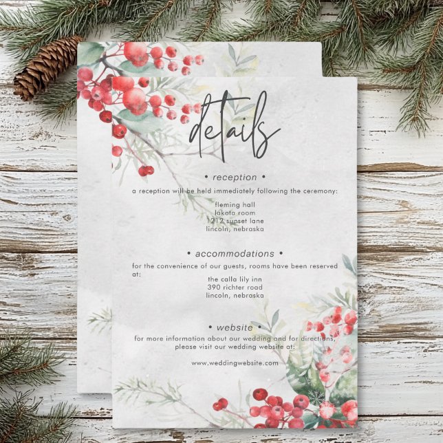 Carte D'accompagnement Rustic Winter Holly & Pine Détails du Mariage (Rustic Winter Holly & Pine Wedding Details Enclosure Card)