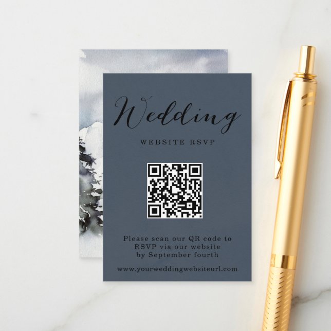 Carte D'accompagnement Rustic Winter Mountain Code QR Réponse du Mariage (Devant/Arrière en situation)