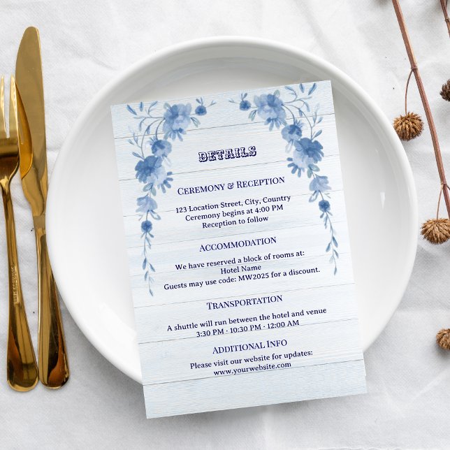 Carte D'accompagnement Rustic Wood  Blue Floral Elegant Wedding  (Créateur téléchargé)