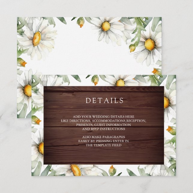 Carte D'accompagnement Rustic Wood Daisies Floral Wedding Details (Devant / Derrière)