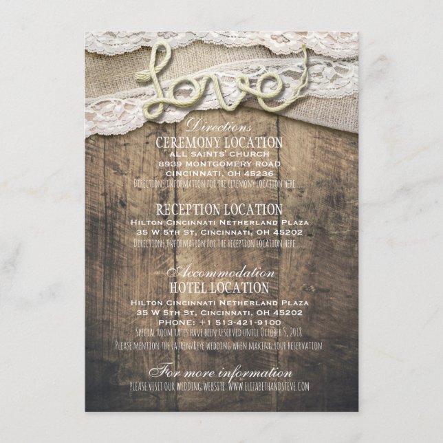Carte D'accompagnement Rustic Wood Love Rope Détails du Mariage Informati (Devant)