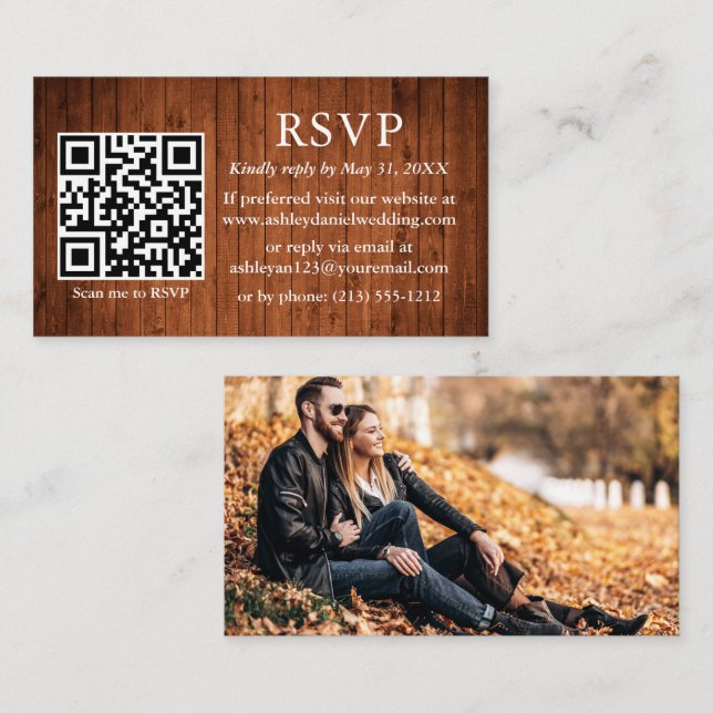 Carte D'accompagnement Rustic Wood Mariage QR Photo RSVP (Devant / Derrière)