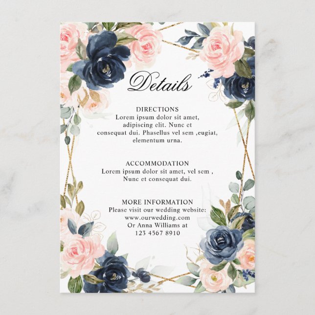 Carte D'accompagnement Rustic Wood Navy Blush Détails du Mariage géométri (Devant)