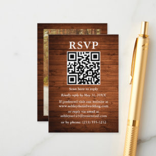 Carte D'accompagnement Rustic Wood Photo QR Wedding RSVP