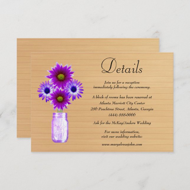 Carte D'accompagnement Rustic Wood violet Floral Mason Jar Mariage Détail (Devant / Derrière)