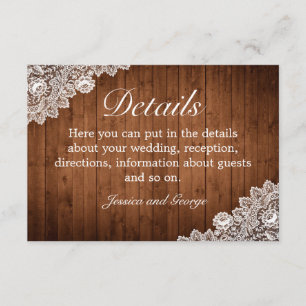 Carte D'accompagnement Rustic Wood & White Lace Détails du Mariage