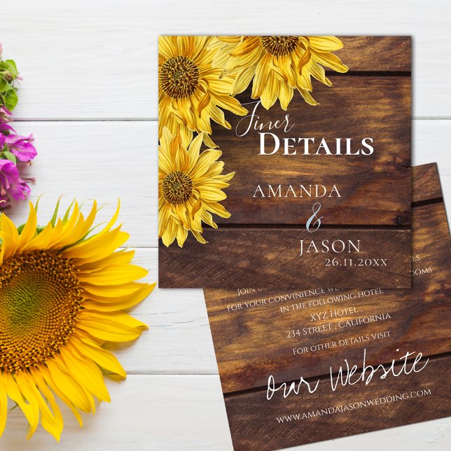 Carte D'accompagnement Rustic Wood Yellow Sunflower Détails du Mariage de (Rustic Wood Yellow Sunflower Fall Wedding Details Enclosure Card)