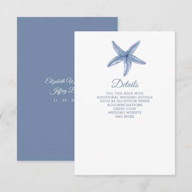 Carte D'accompagnement Rustique Blue Starfish Marine Ocean Beach Mariage (Devant / Derrière)