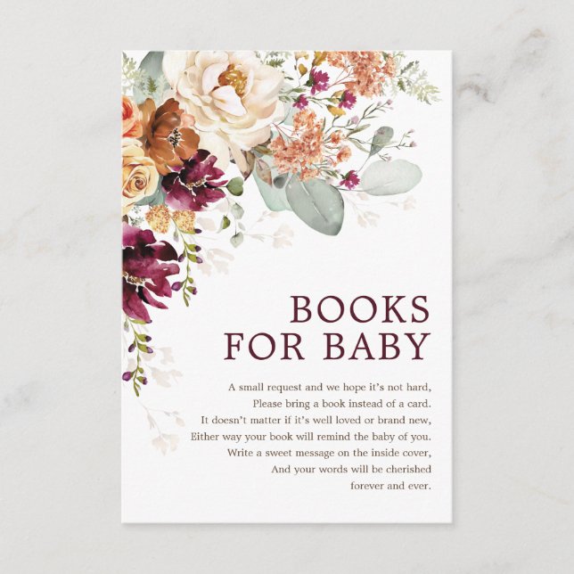 Carte D'accompagnement Rustique Boho Bourgogne Floral Livres pour le Baby (Devant)