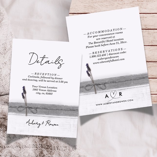 Carte D'accompagnement Rustique Boho Burlap Wood Lavender Détails du Mari (Créateur téléchargé)