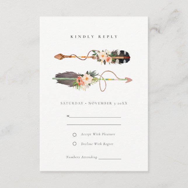 Carte D'accompagnement Rustique Boho Feather Floral Flèche Mariage RSVP (Devant)
