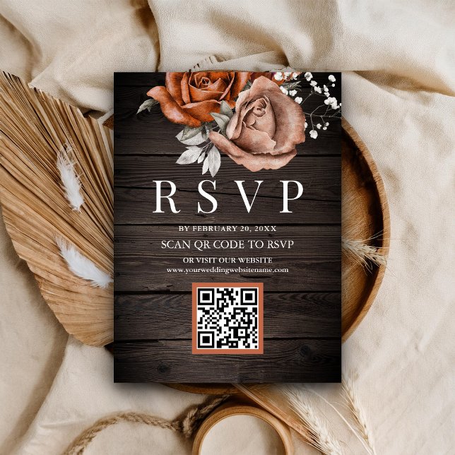 Carte D'accompagnement Rustique Bois brûlé Orange Rose QR Code Mariage RS (Créateur téléchargé)