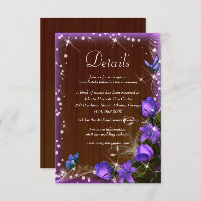 Carte D'accompagnement Rustique Bois foncé violet Mariage Floral Détails (Devant / Derrière)